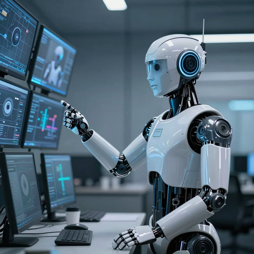 White humanoid robot pointing at digital monitors in a high-tech AI control center laboratory.