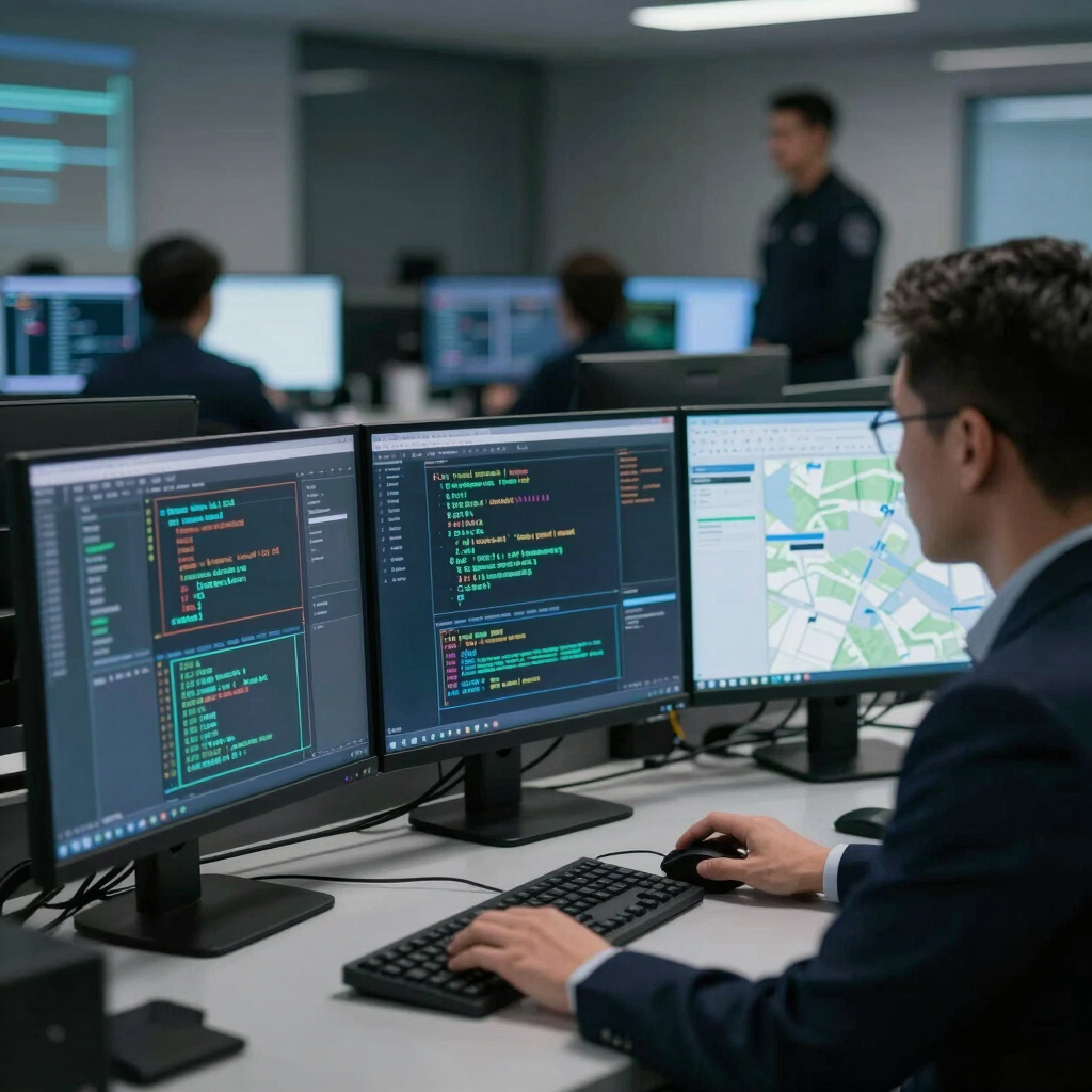Software engineer working on multiple monitors with code and map data in a modern office.