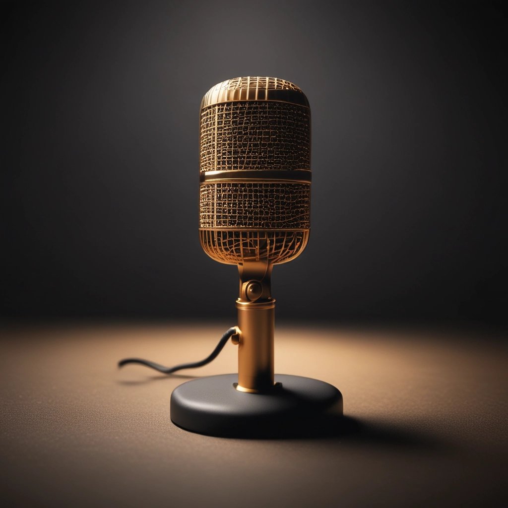 A minimalist studio microphone bathed in soft sand light, reflecting calm focus.