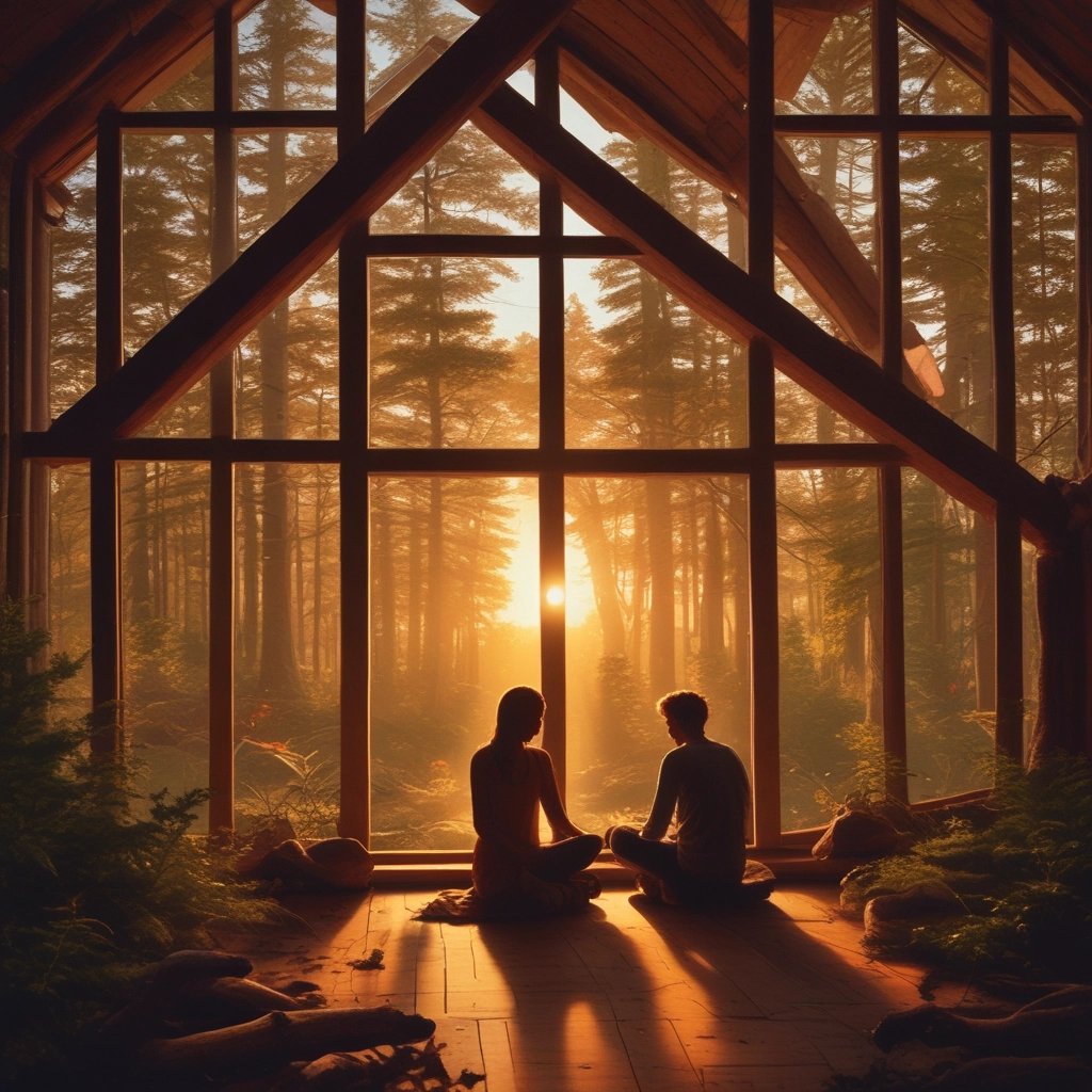 A peaceful moment showing a person gently guiding another with calm body language in a warm, inviting space.