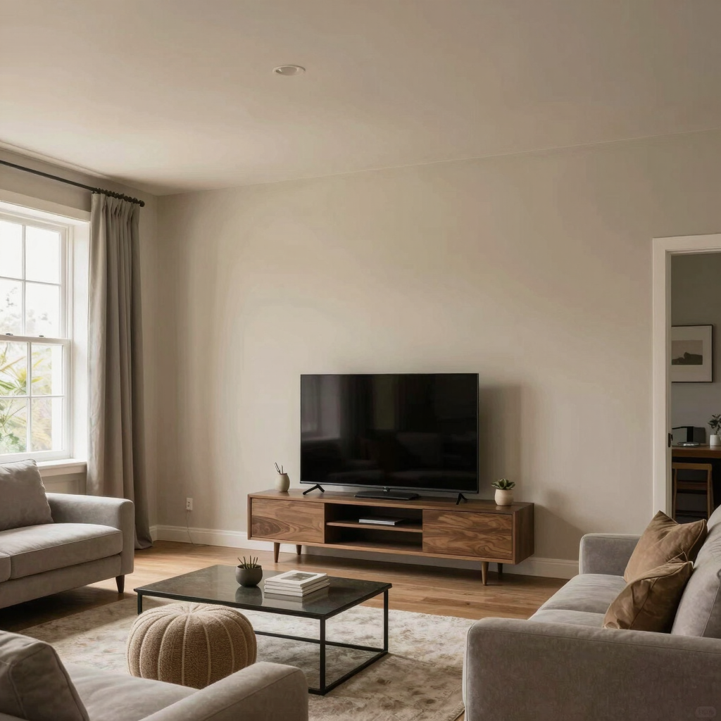 Cozy living room corner with modern wall and ceiling coverings, soft lighting highlighting textures.