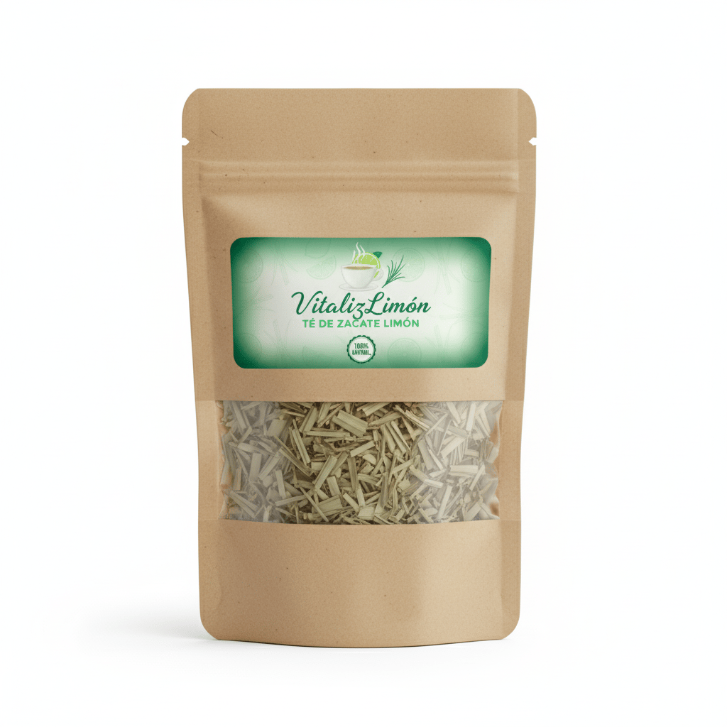 Té orgánico de hierba limón VitalizLimón en una bolsa de papel kraft con ventana transparente