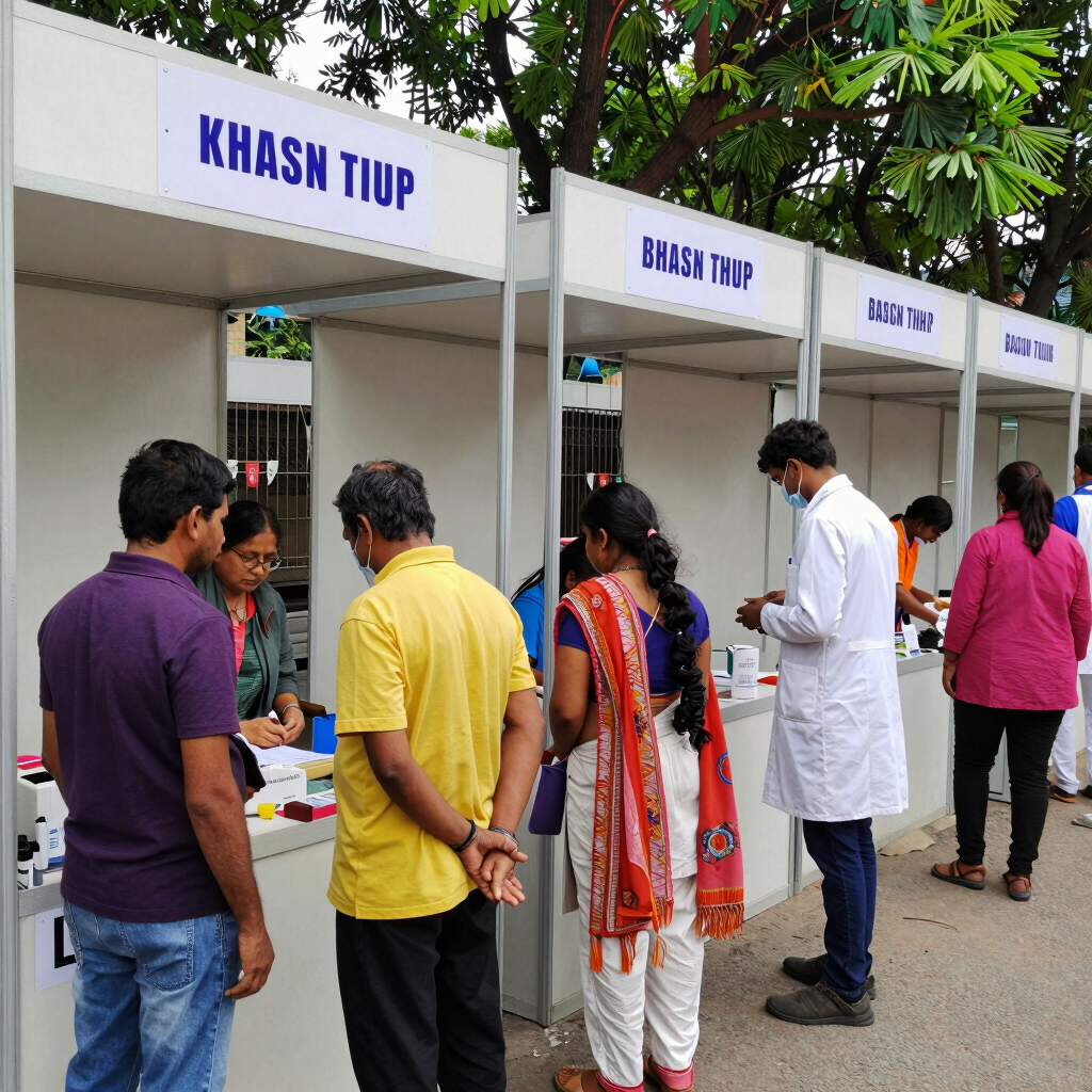 Health stalls with volunteers distributing support materials to attendees.