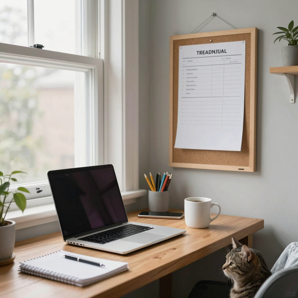A wooden desk setup with a laptop, open notebook, coffee mug, and a cat looking at a clipboard near a window.