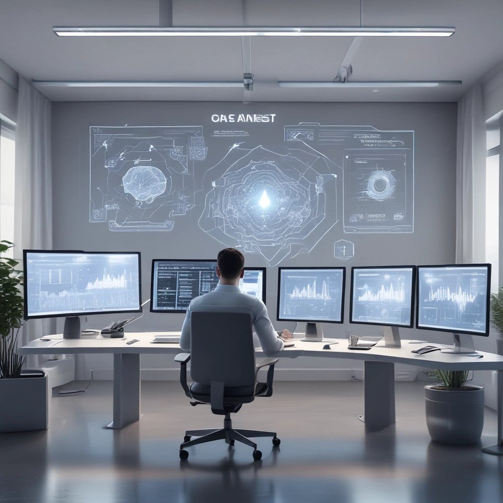 Un profesional de TI supervisa datos en pantallas futuristas en una oficina de alta tecnología.