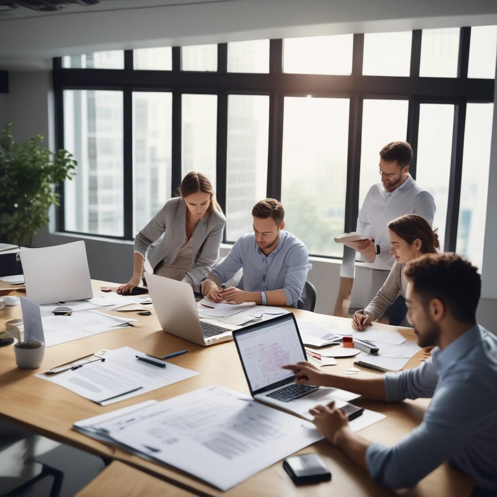 Equipo diverso de profesionales creativos que colaboran en un proyecto en un espacio de trabajo