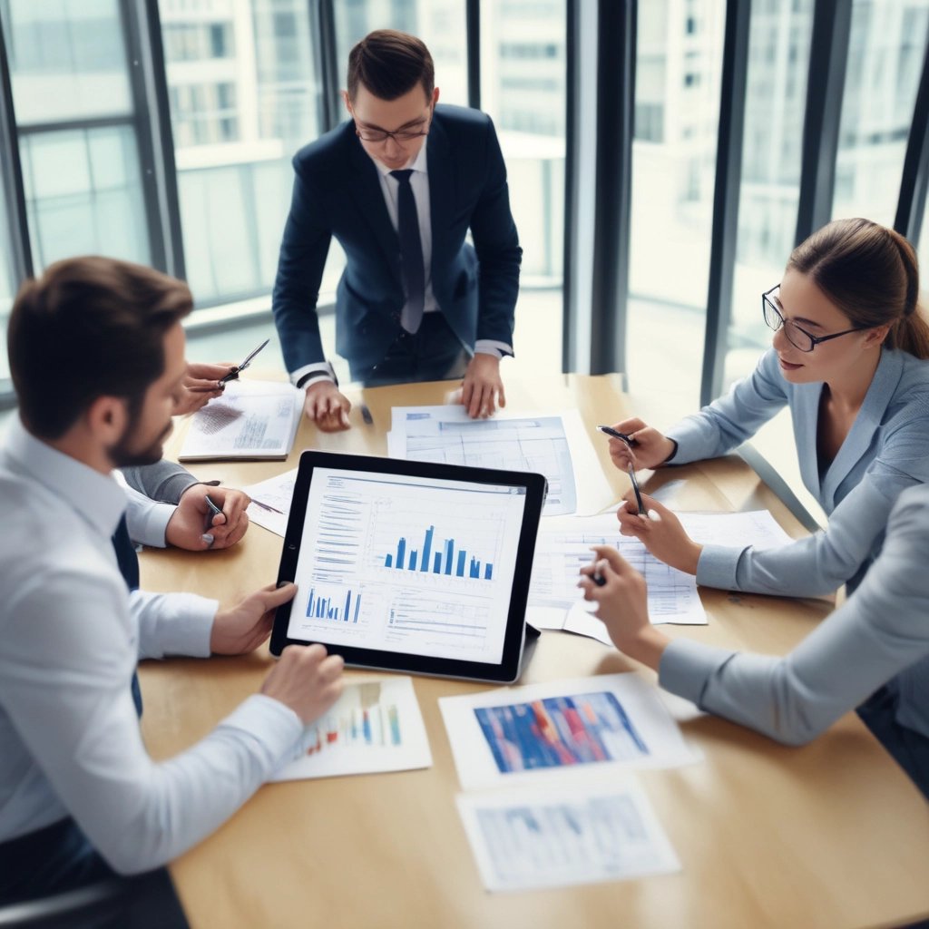 Equipo de negocios profesional analizando gráficos de datos financieros en una tableta