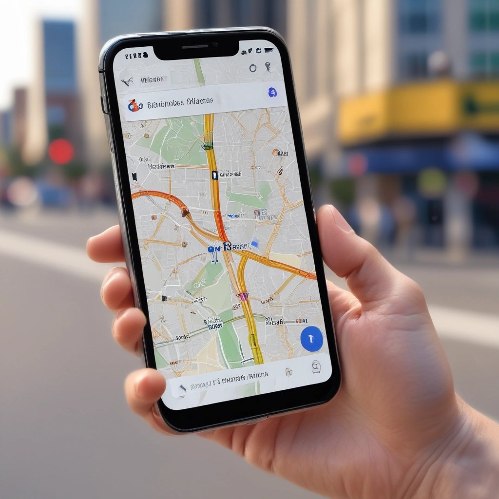 Mano sosteniendo un teléfono inteligente que muestra una aplicación de mapas de navegación GPS