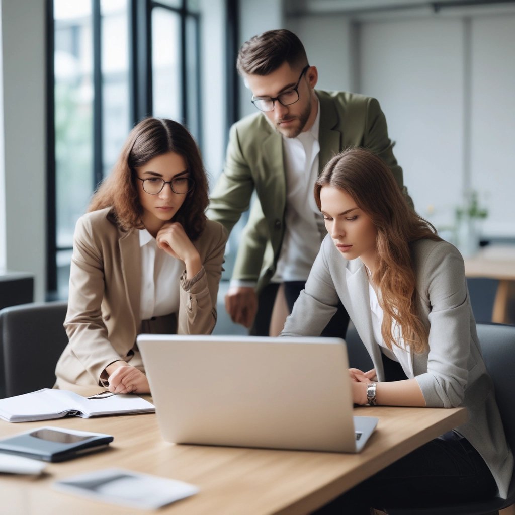 Diversos profesionales de negocios colaboran en un proyecto utilizando una computadora portátil