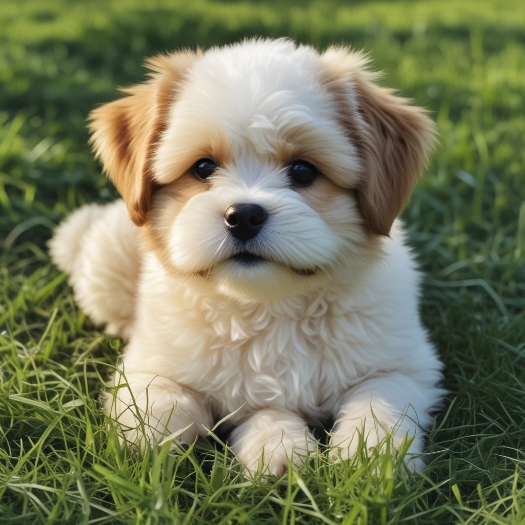 a small Mal-Shi dog standing on top of a lush green field