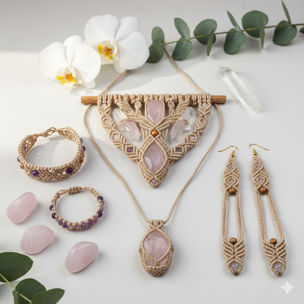 joyas de macramé con piedras preciosas 