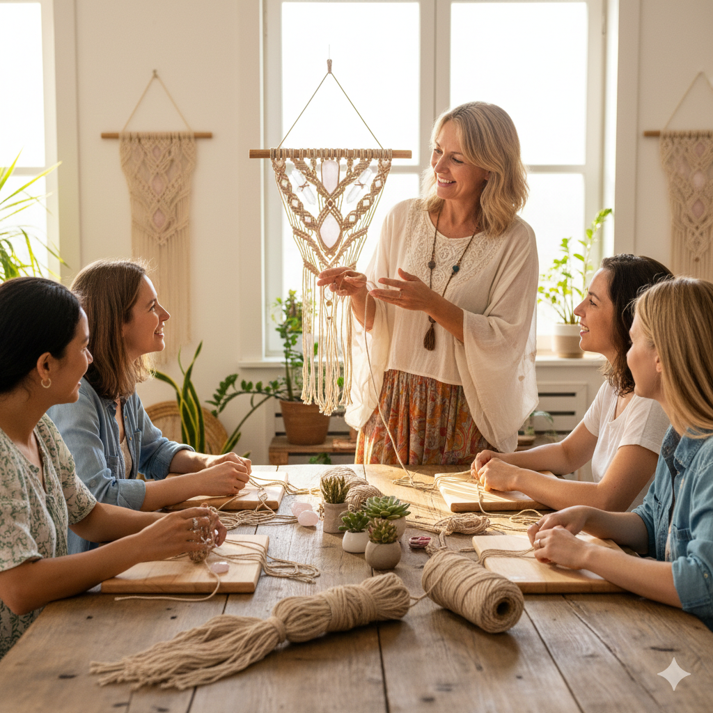 maestra feliz enseñando a sus alumnas a hacer macramé 