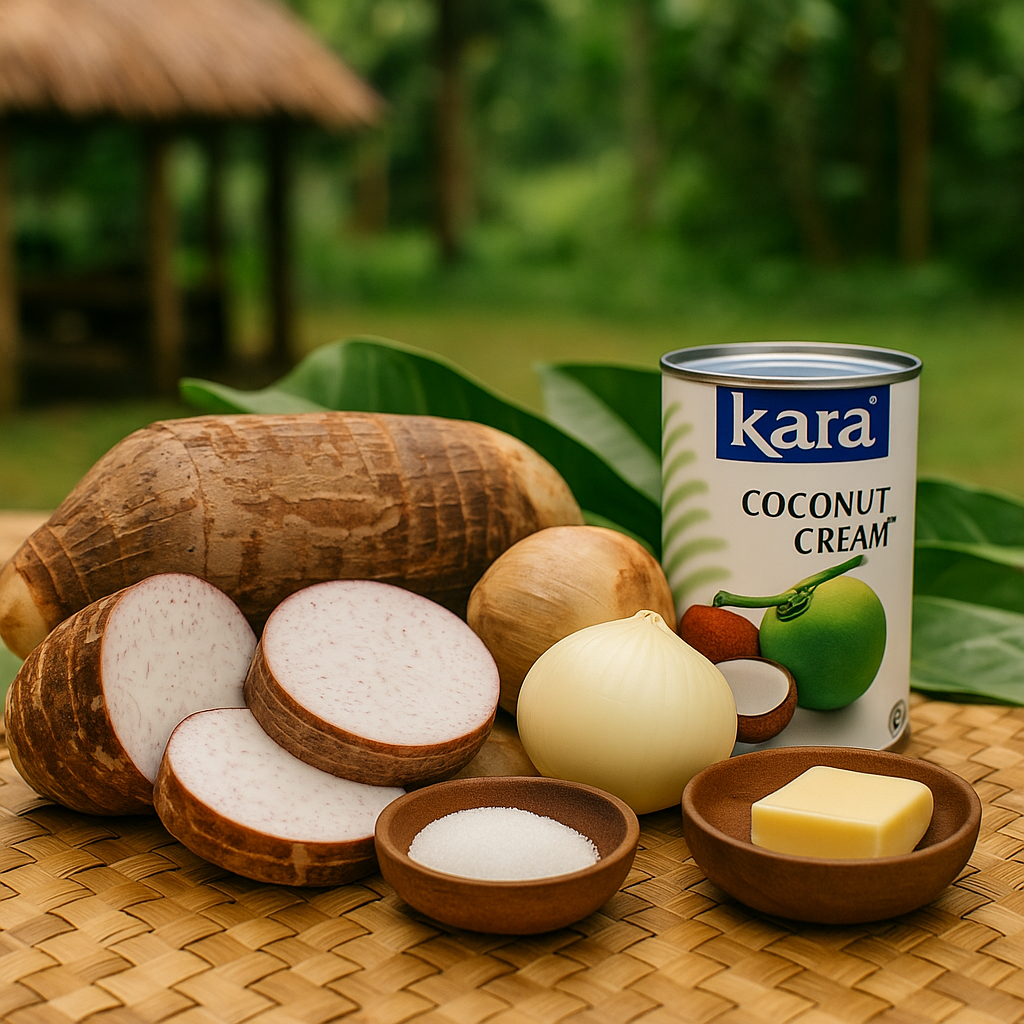 “Ingredients for Samoan fa’alifu talo including taro, coconut cream, and onion.”