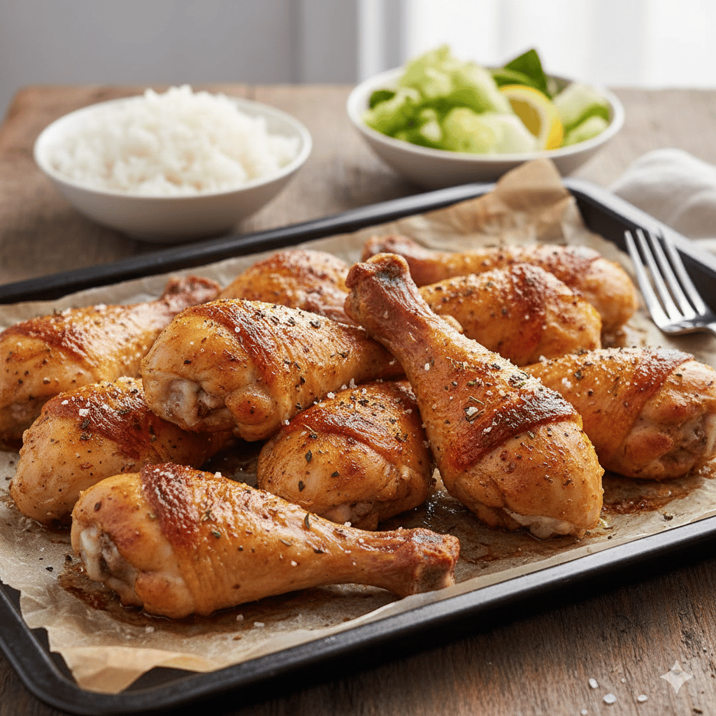 “Crispy golden oven-baked chicken drumsticks on a tray ready to serve.”