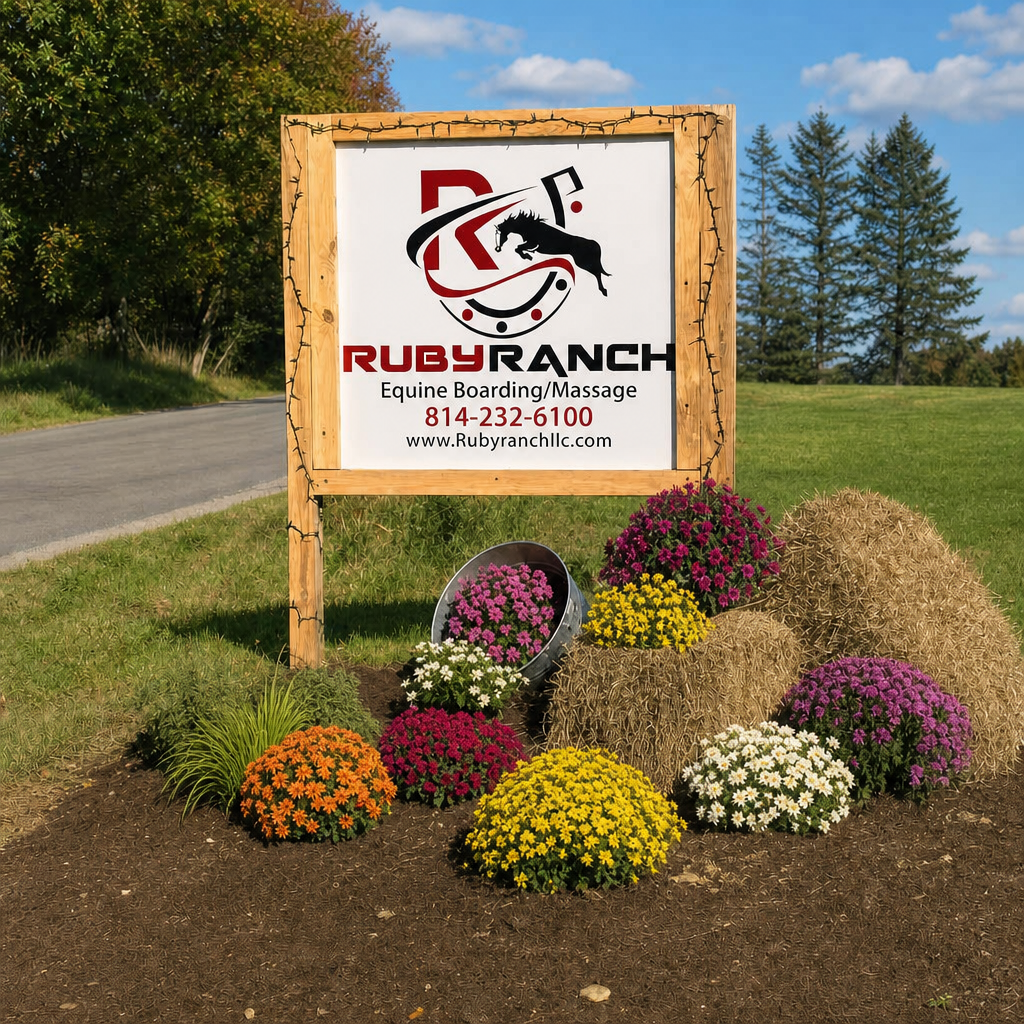 Wooden Ruby Ranch sign for equine boarding and horse massage, featuring fall mums and hay bales.