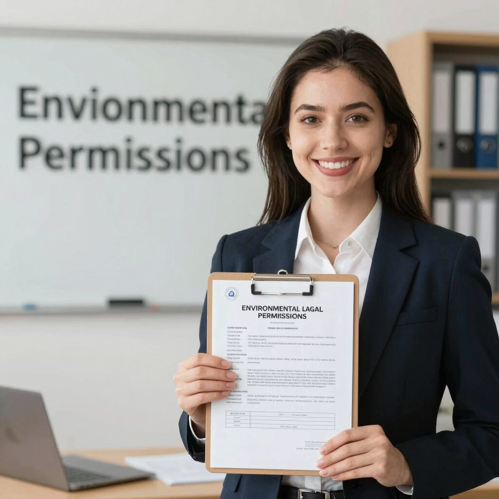 A professional consultant reviewing environmental clearance documents in a modern office.
