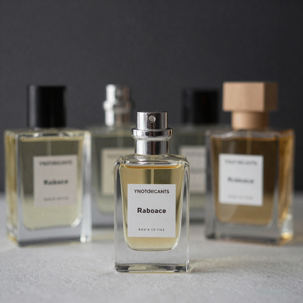 Close-up of elegant 10ml cologne decant bottles arranged on a wooden surface with soft natural light.