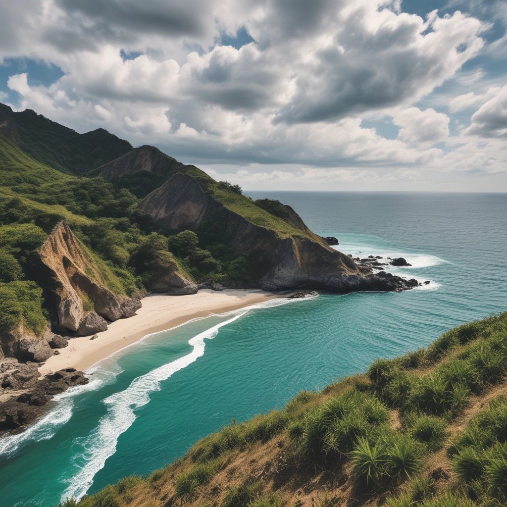 Aerial view of a secluded tropical beach with turquoise ocean waves and lush green mountain cliffs.