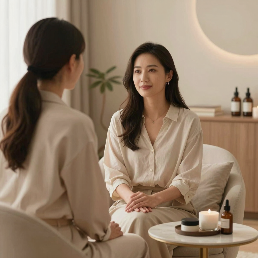 A warm, inviting telehealth consultation scene with a patient and provider on a video call.