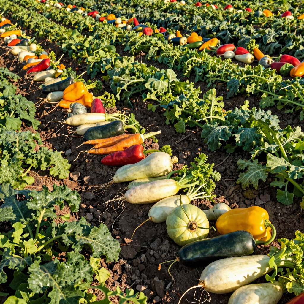 Sunlit farm field with rows of leafy greens ready for harvest.