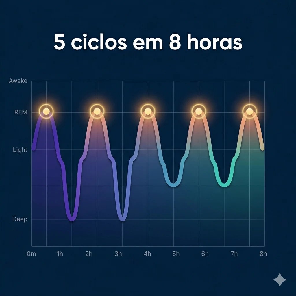 A sleep cycle graph showing 5 cycles in 8 hours across REM, light, and deep sleep stages.