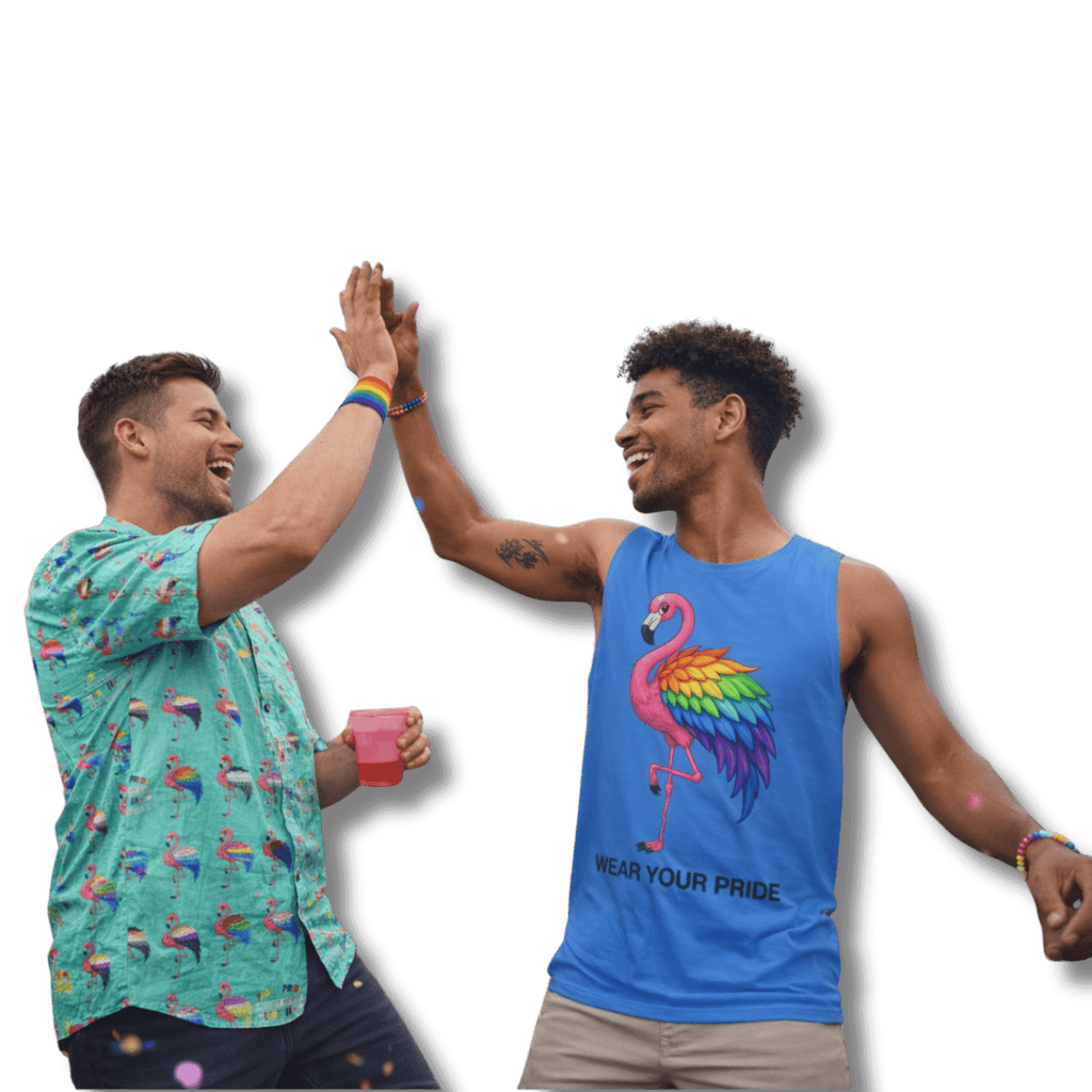 pride flag shirt ad tank on 2 gay guys dancing