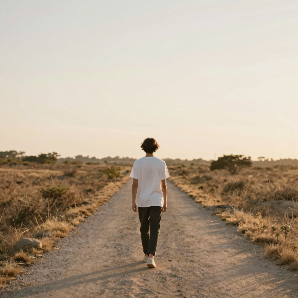 Black t-shirt displayed on a hanger with a minimalist cross illustration in soft gold.
