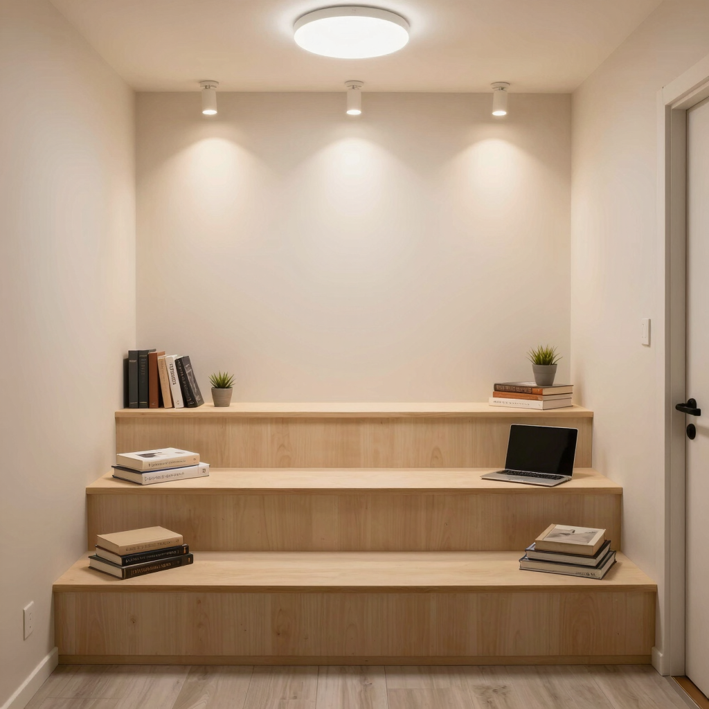 Finished room with furniture, lighting, and personal items placed step by step.