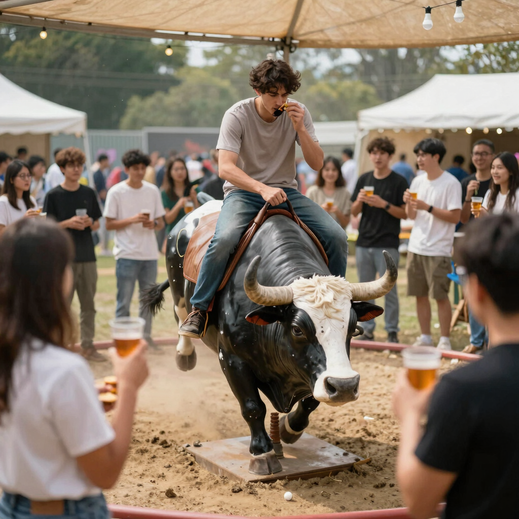 A lively party scene with guests enjoying karaoke and a mechanical bull under warm festive lighting.