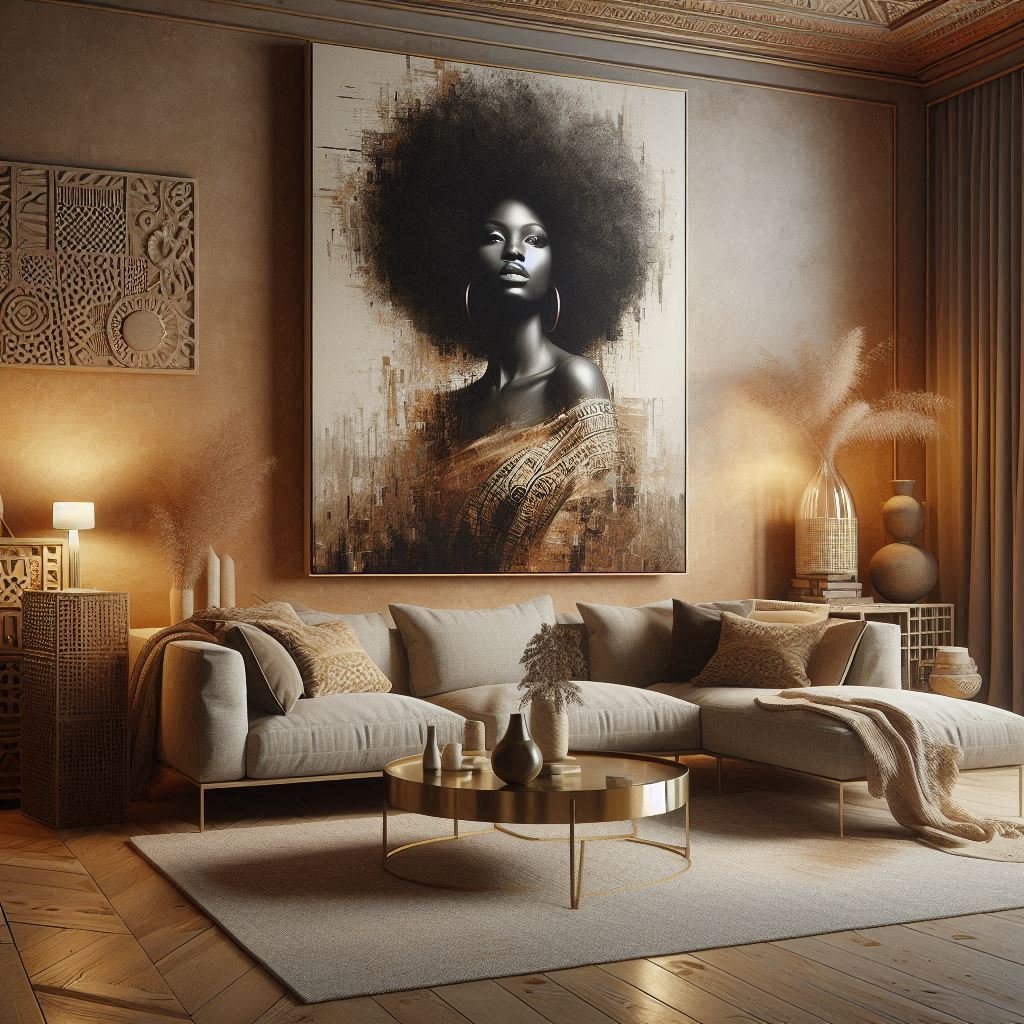 a living room with a couch and a painting