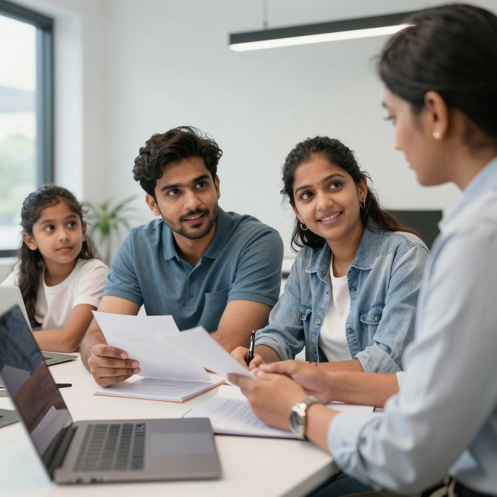 A Indian family discusses study abroad education loan approval with a consultant in a modern office.