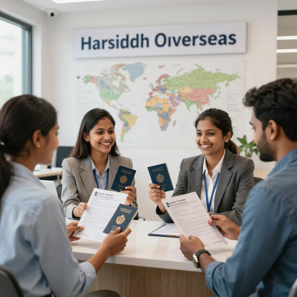 Consultants at Harsiddh Overseas assisting clients with study abroad visa applications and passports.