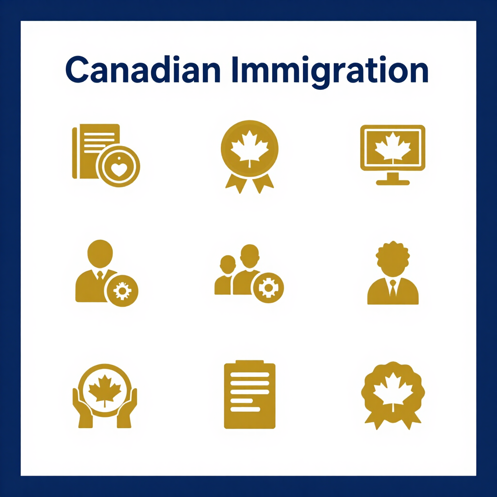 A modern, clean graphic showing icons representing Canadian immigration programs in blue, white, and gold tones.