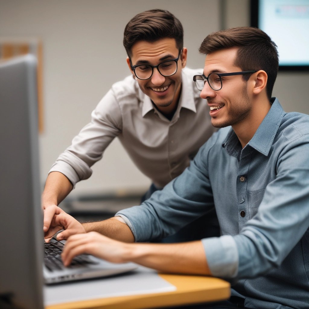 A group of Algerian researchers collaborating over laptops and notes in a bright workspace