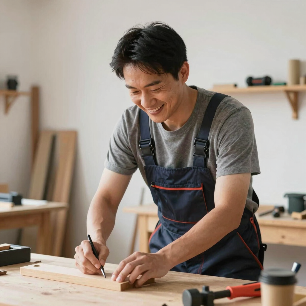 Smiling man in office leaning back with hands behind head, feeling productive at his desk.