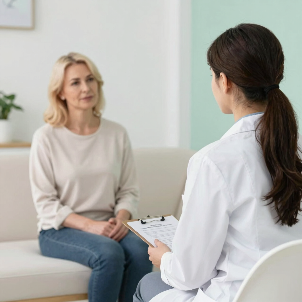 Female doctor in white lab coat listening to a patient during a medical consultation in a bright clinic.