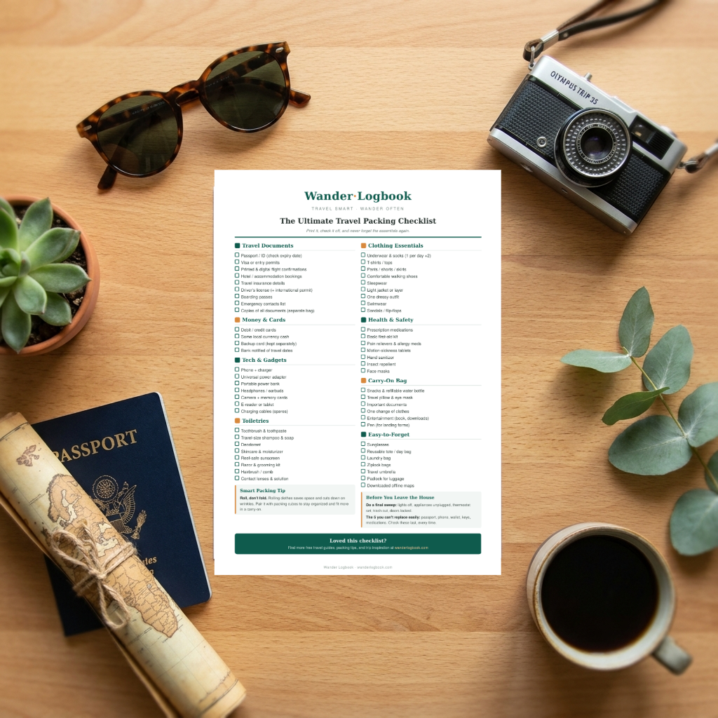 A printed ultimate travel packing checklist on a wooden desk with a passport, camera, and coffee.