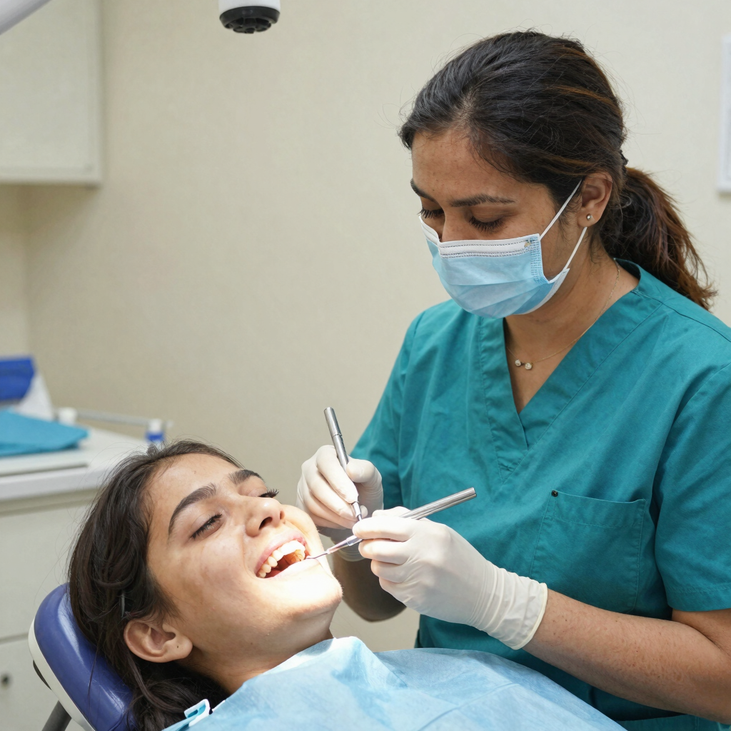 Dr. Faryal BDS, MDS, warmly greeting a patient in a bright, modern dental clinic.