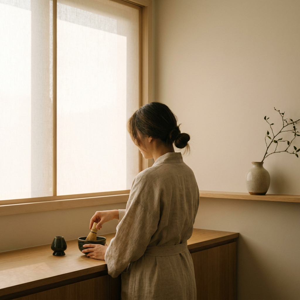 Person preparing matcha in a calm morning routine with natural light and focused atmosphere.