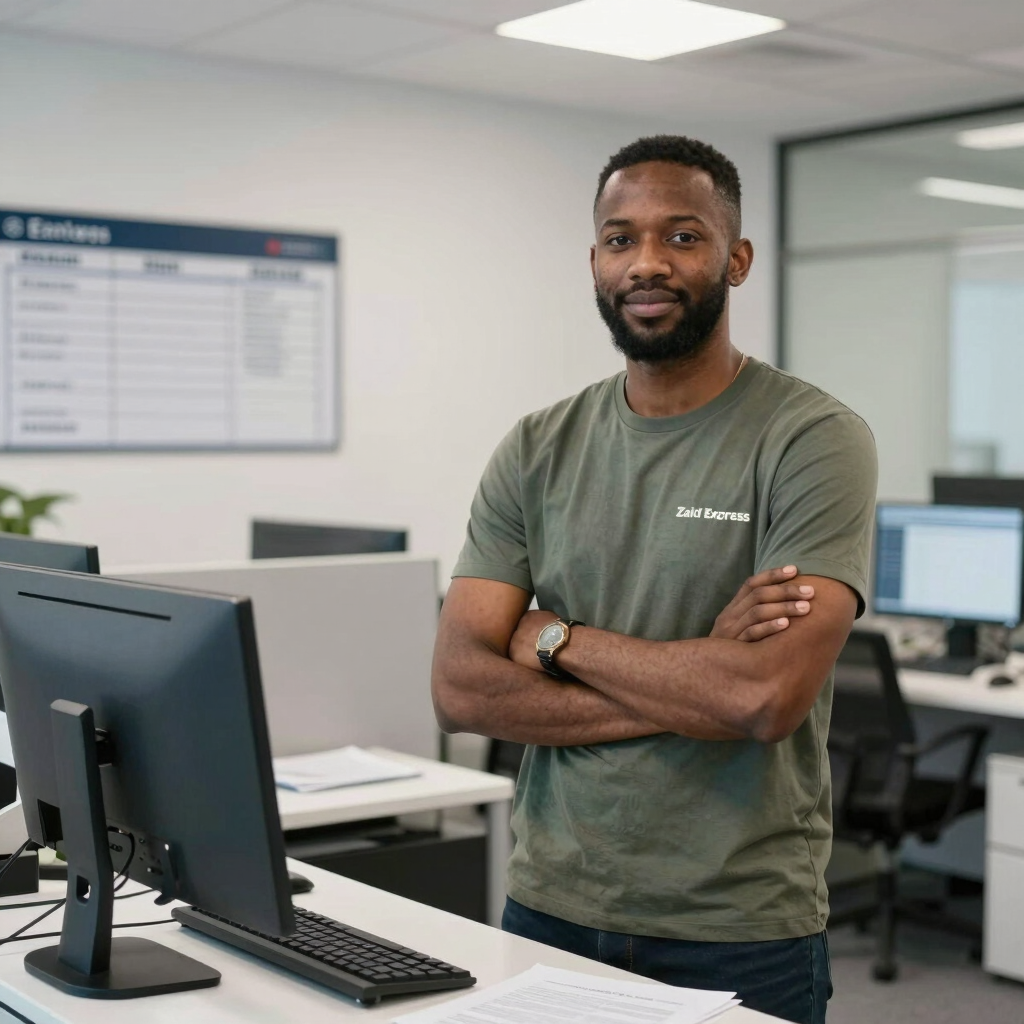 A professional courier handing over a package with a friendly smile in front of a blue and white branded Zaid Express van.