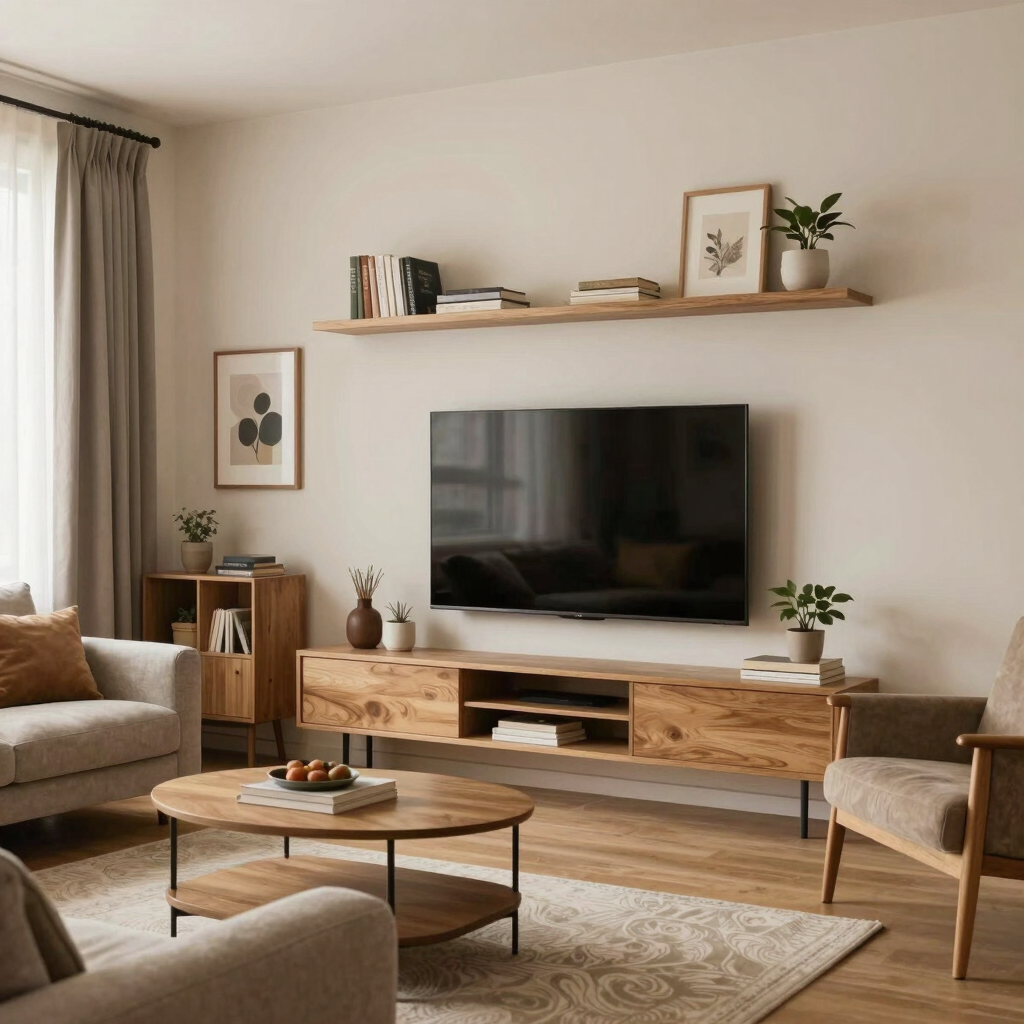 A serene Japandi-style living room with cream walls, natural linen textiles, and black accents creating a warm, minimalist atmosphere.