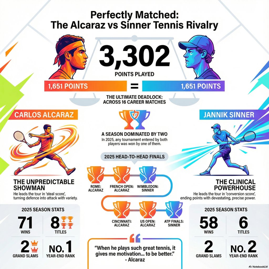 Carlos Alcaraz vs Jannick Sinner current season statistics - infographic
