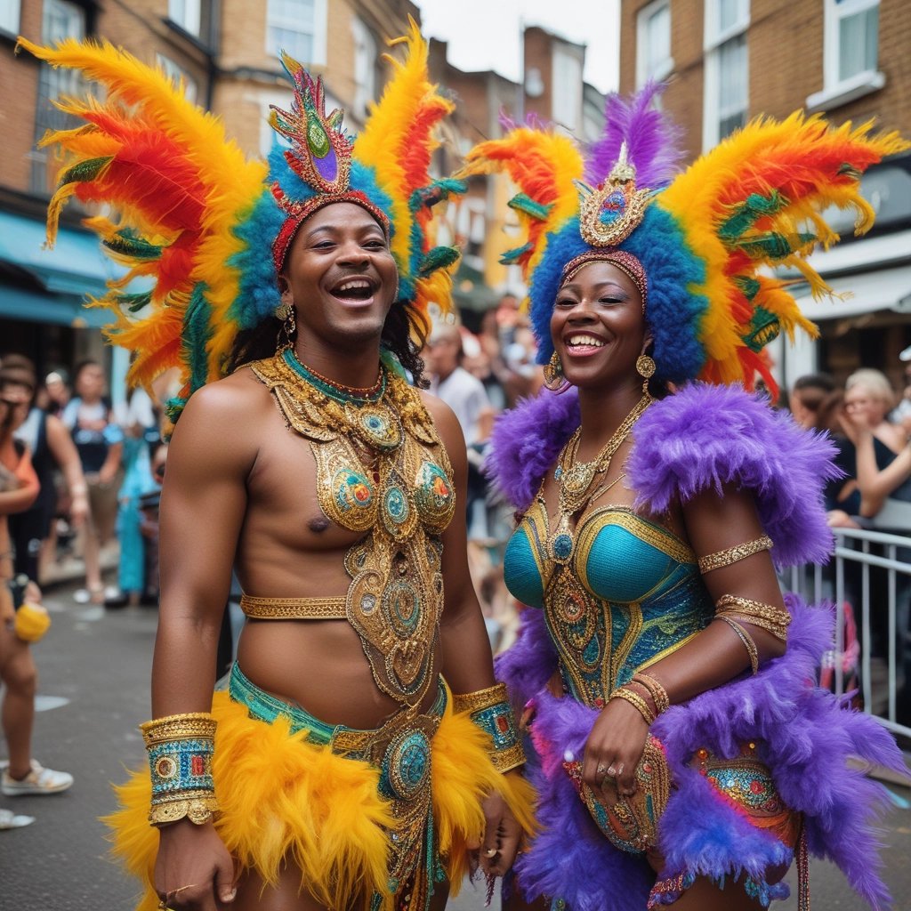 A vibrant street scene from Notting Hill Carnival with colorful costumes, lively music, and joyful dancers.