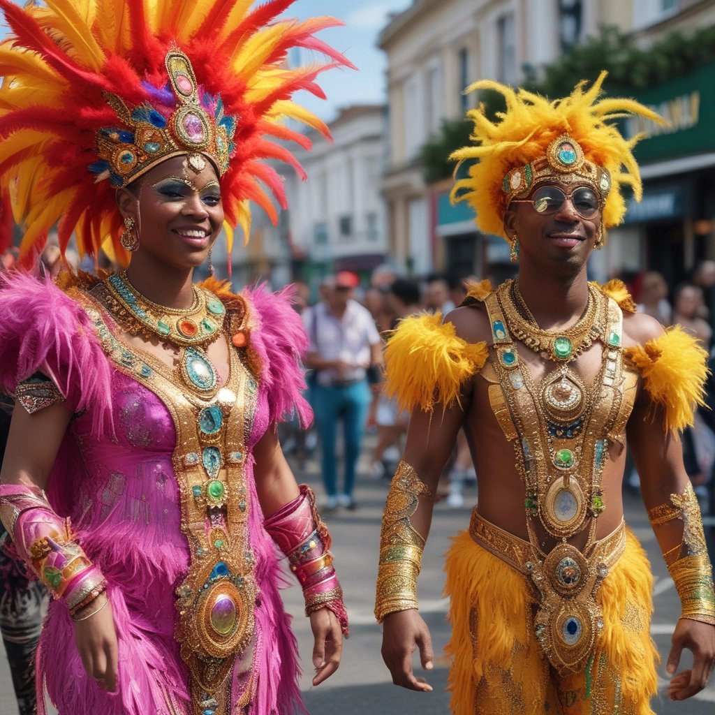 Two people in colourful carnival costumes at Notting  Hill Carnival