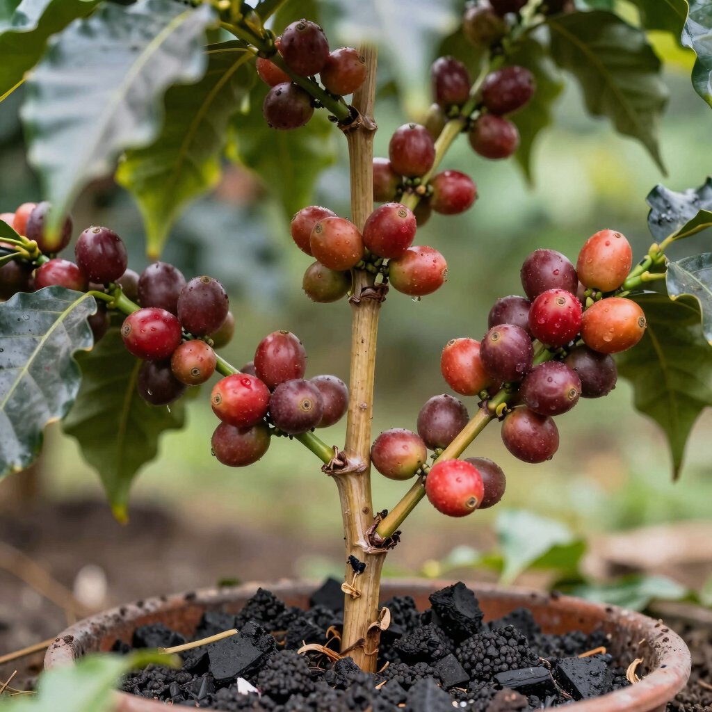 Close-up of biochar granules ready for agricultural use.