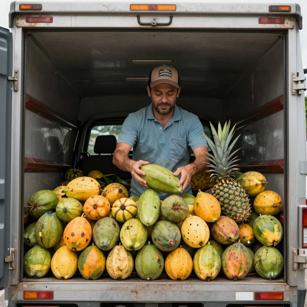 Delivery van loaded with colorful tropical fruit crates ready to go.