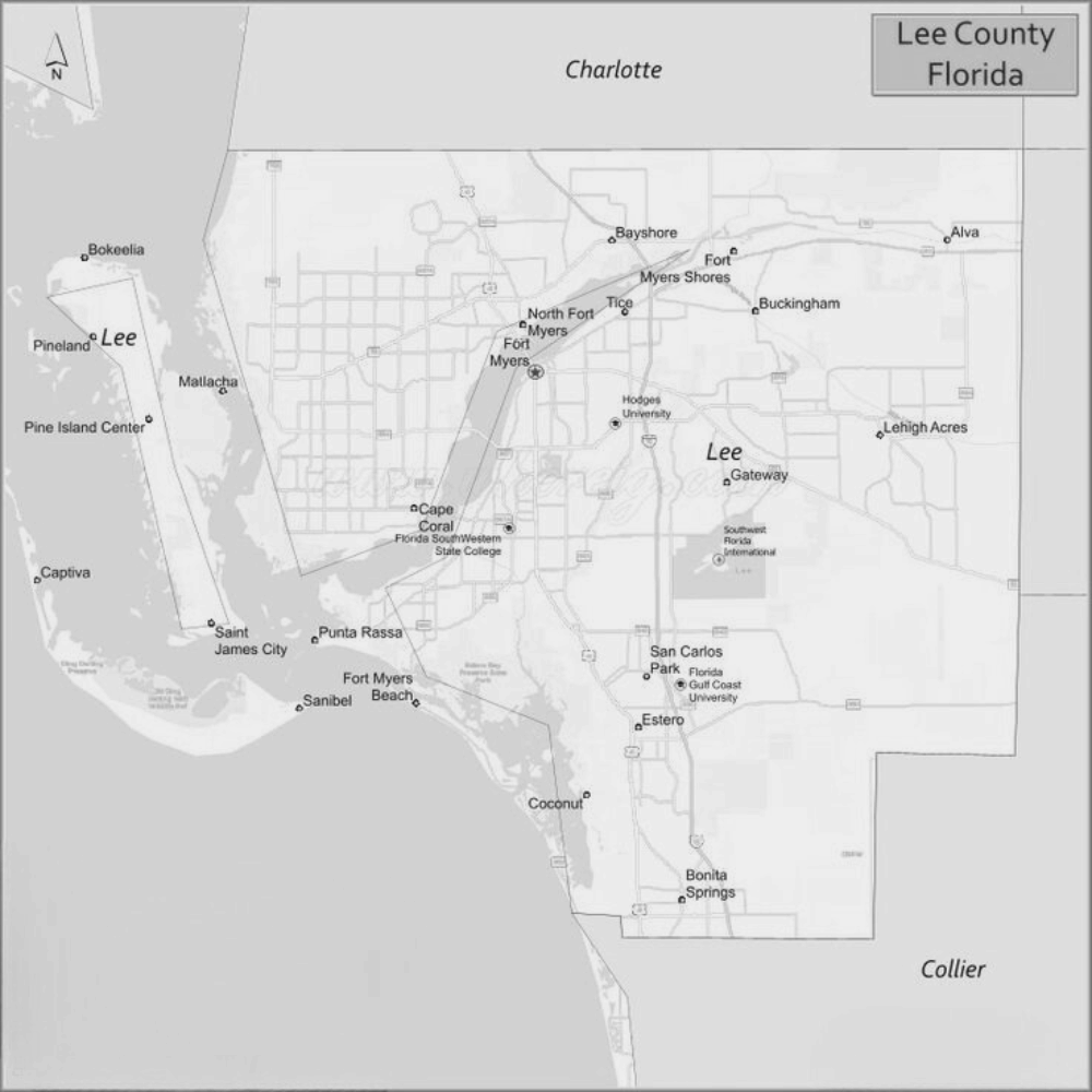Map of Lee County, Florida with major cities for electrician coverage.