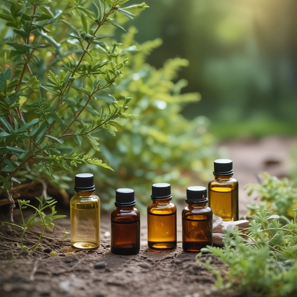 Close-up of hands mixing essential oils in glass bottles during a cozy aromatherapy class.
