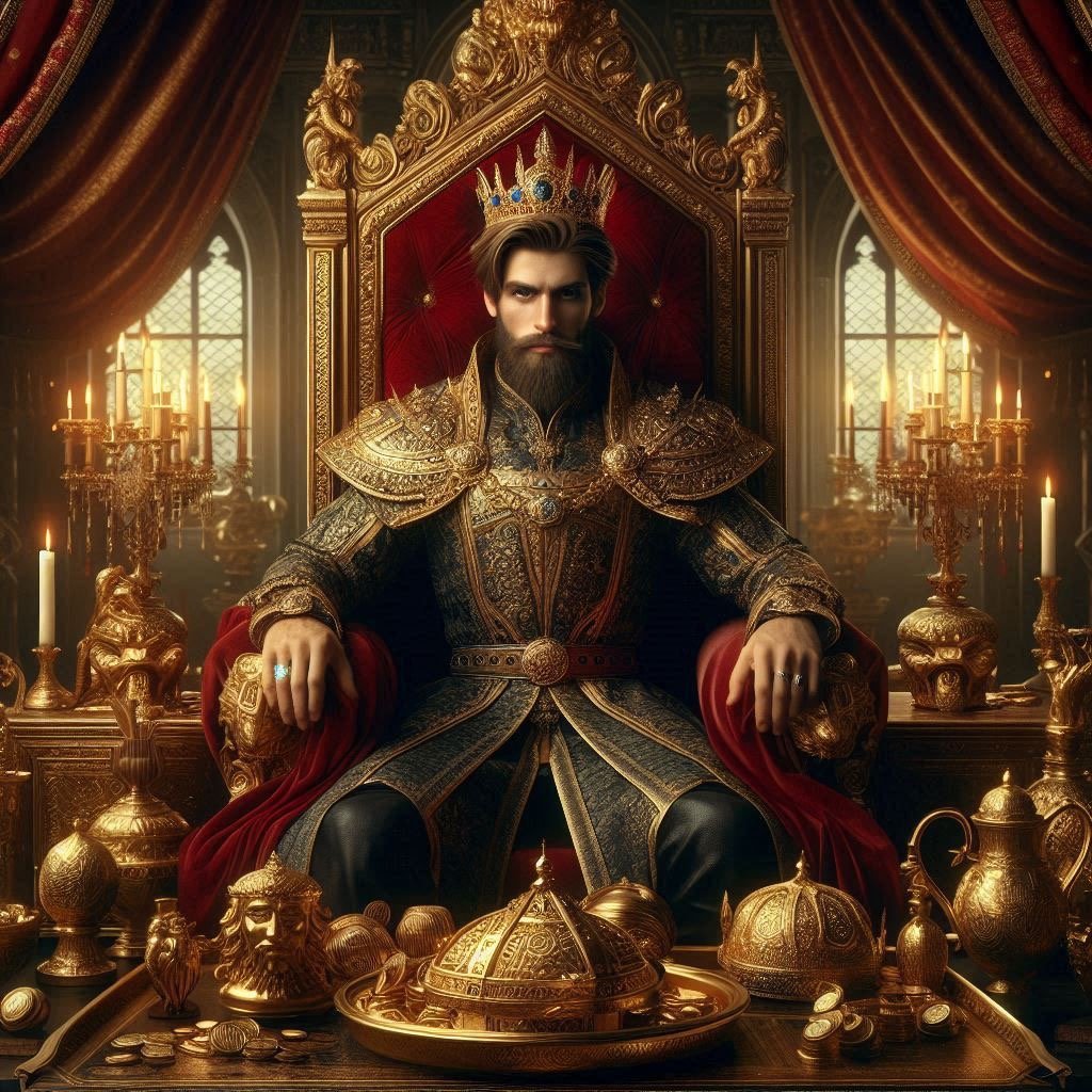 a man in a crown sitting on a throne