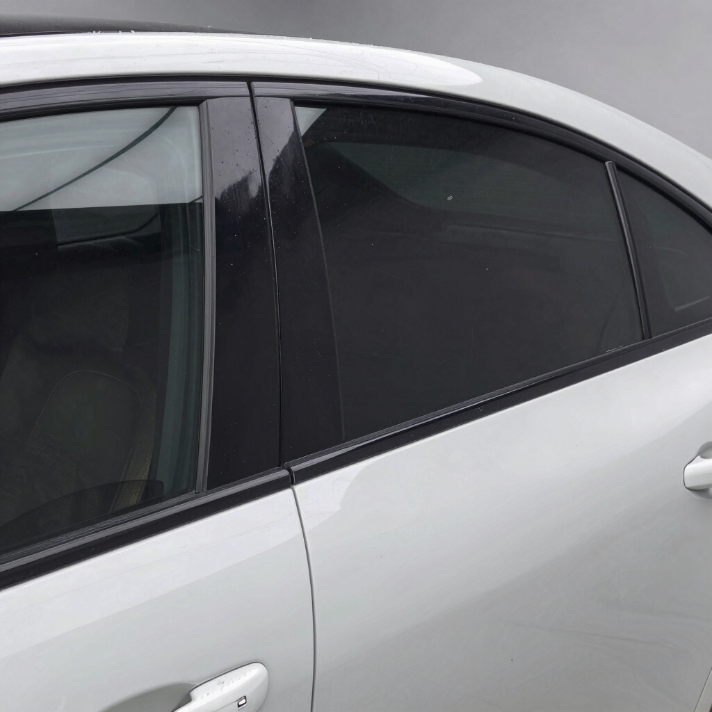 Close-up of a white car door window featuring visible scratches and marks on the tinted glass.